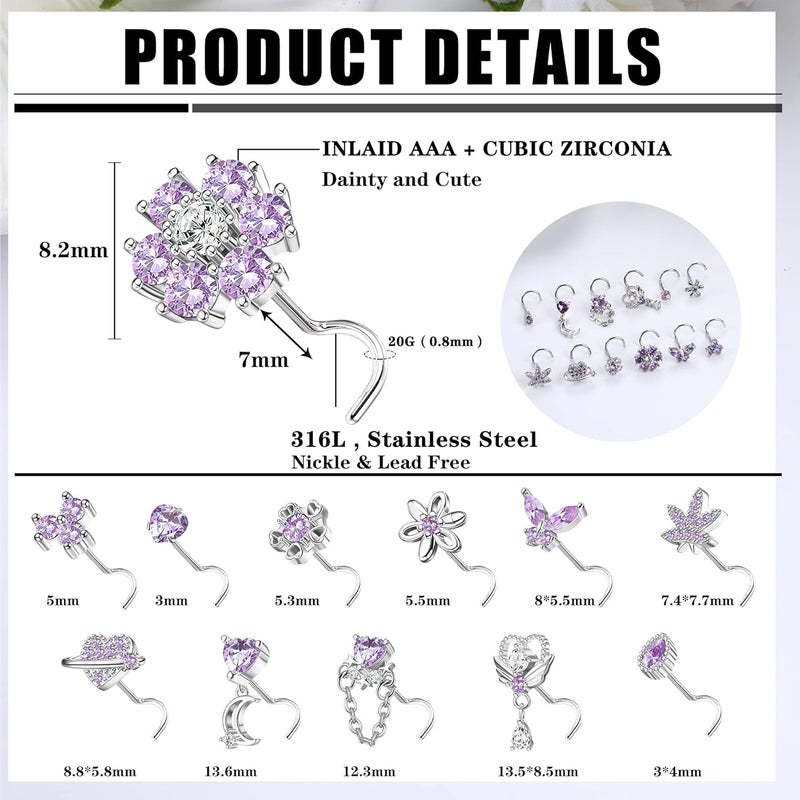 Sanfenly 12 PCS 20G Nose Rings Surgical Stainless Steel, L Shaped Nose Studs for Women Men, CZ Heart Butterfly Flower Leaf Moon Dangle Cute Nose Piercings Studs Screw Jewelry Pink/Purple/Blue/Clear - Image 5